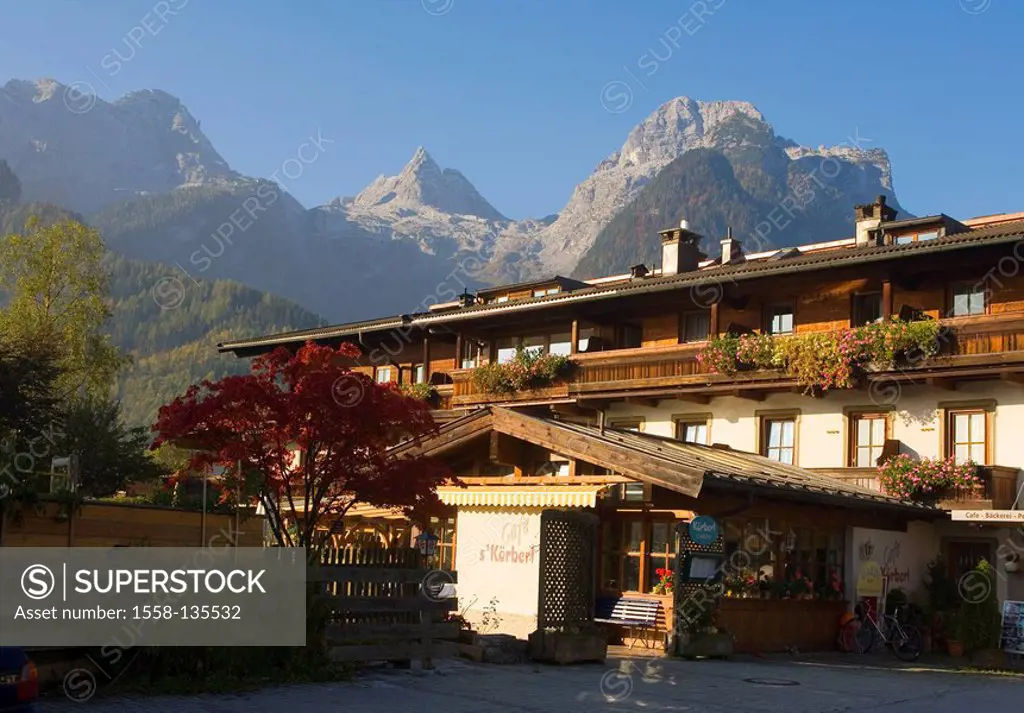 Austria, Salzburg, Lofer, cafe s´Körberl Alps mountains house hotel, restaurant, restaurant, destination, destination, tourism, morning-sun,