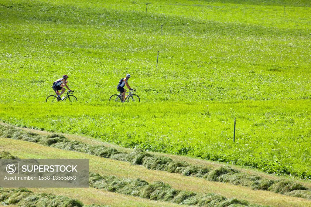 two bikers cross meadows