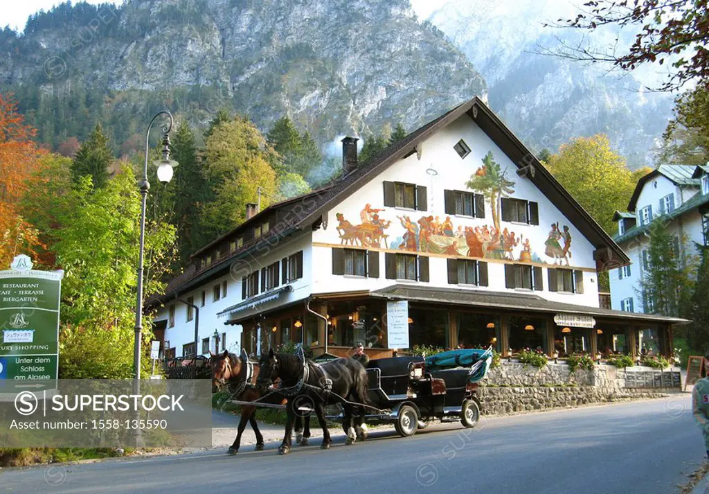 Germany, Bavaria, Allgaeu, swan-district, street, horse-carriage, autumn, place, restaurant, inn, facade-painting, Kutsche, coachmen, horses, coach-ho...