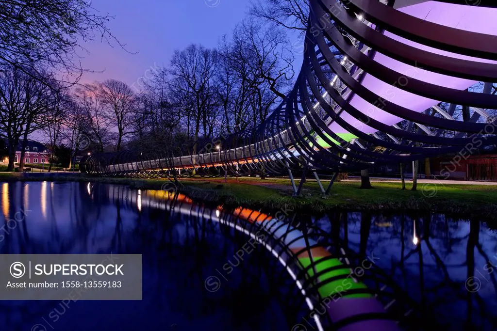 Rehberger Brücke (bridge) 'Slinky Springs to Fame', in the dusk, Oberhausen, North Rhine-Westphalia, Germany, Europe