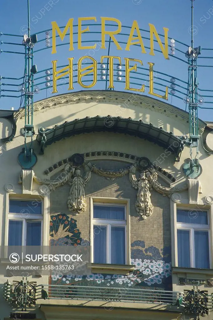 Czech republic, Prague, new part of town, hotel Meran, facade, detail, Bohemia, capital, buildings, hotel-buildings, construction, architecture, Art n...