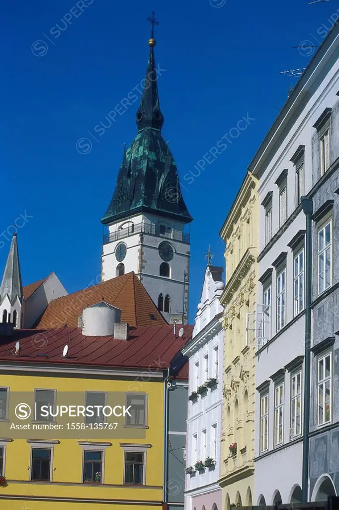 Czech republic, Jindrichuv Hradec, Bohemia, South-Bohemia, Neuhaus, houses, buildings, church, Maria-Probostkirche, steeple, architecture, sight, tour...