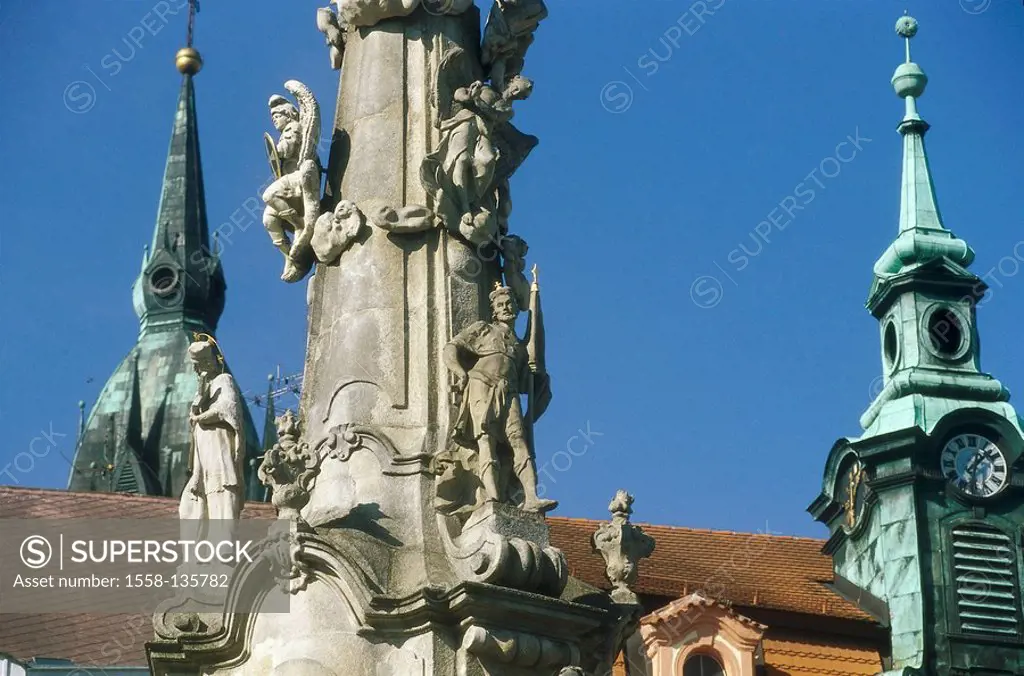 Czech republic, Jindrichuv Hradec, memorial-column, detail, Bohemia, South-Bohemia, Neuhaus, buildings, constructions, towers, steeple, architecture, ...