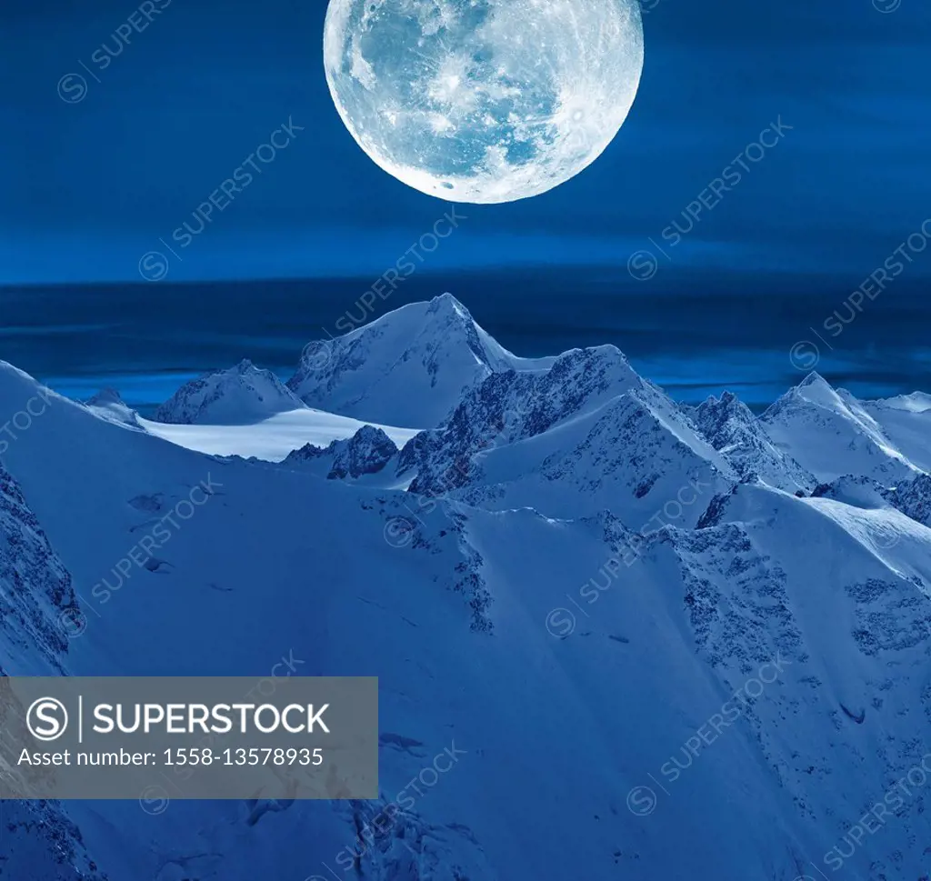Austria, Tyrol, Ötztaler alps, Weisskugel (mountain) with full moon