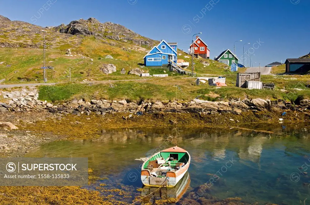 Greenland, Paamiut, houses, fjord, boat, summer,