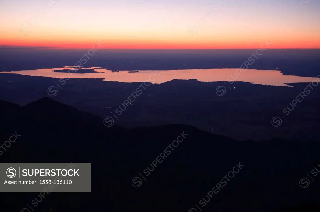 Germany, Upper Bavaria, Chiemsee, evening-mood, top view, Bavaria, Chiemgau, mountain scenery, Hochfelln, landscape, lake, silence, silence, lonelines...
