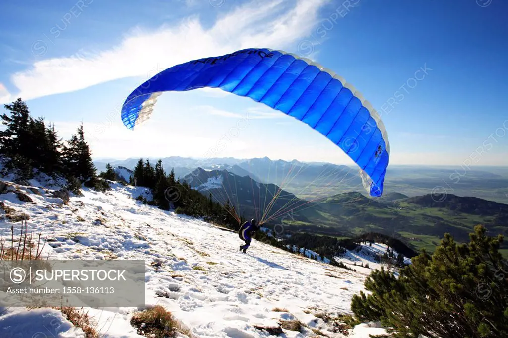 Germany, Upper Bavaria, Chiemgauer Alps, high-ream, mountainside, Paraglider, start, back view, Bavaria, Chiemgau, mountain scenery, mountains, hillsi...