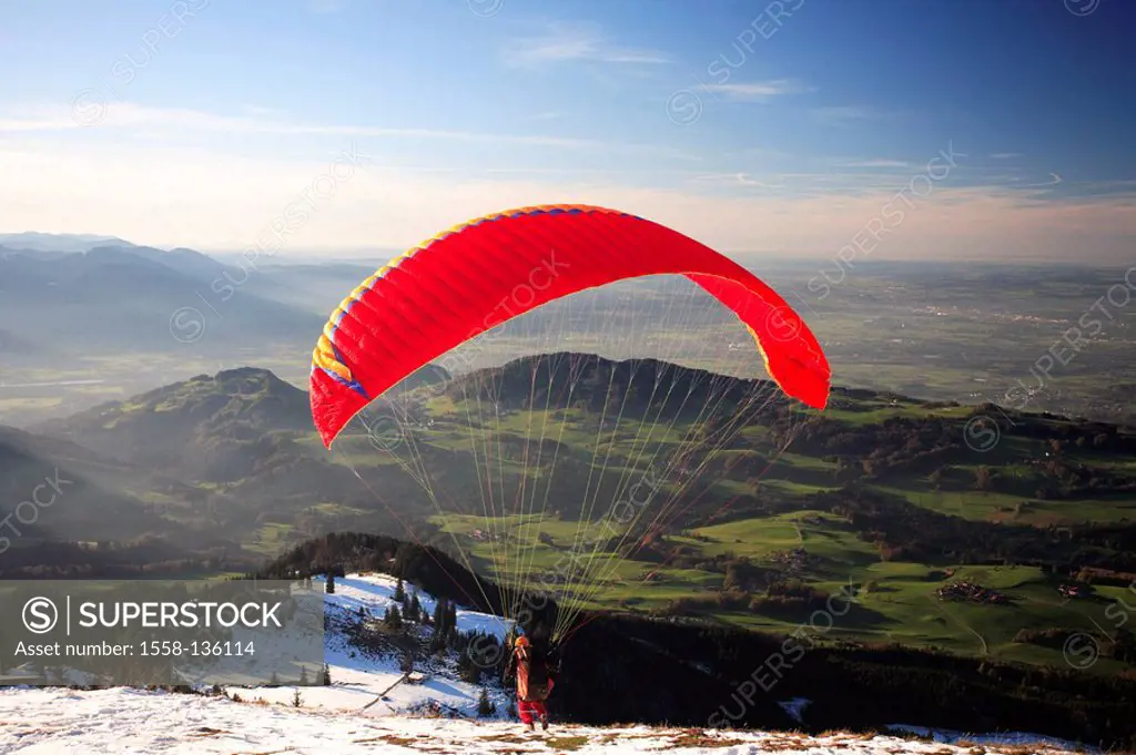 Germany, Upper Bavaria, Chiemgauer Alps, high-ream, mountainside, Paraglider, start, back view, Bavaria, Chiemgau, mountain scenery, mountains, hillsi...