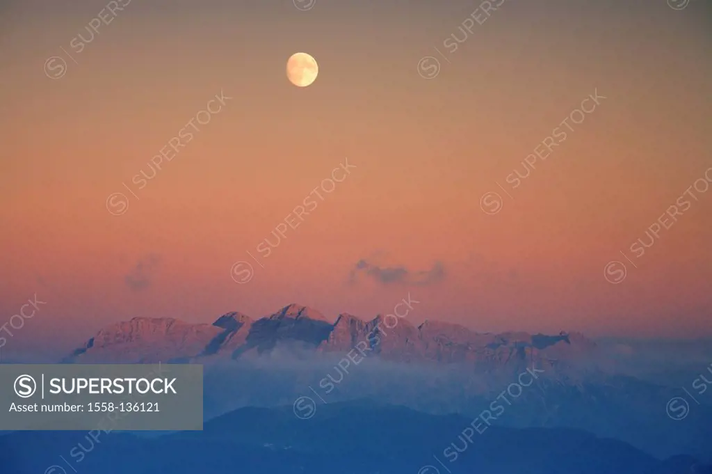 Germany, Upper Bavaria, Chiemgauer Alps, mountain-panorama, evening-mood, moon, Bavaria, Chiemgau, mountain scenery, mountains, Alps, mountain-chain, ...