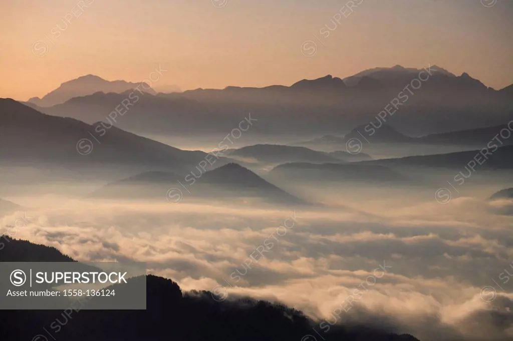 Germany, Upper Bavaria, Chiemgauer Alps, mountain-panorama, cloud-mood, dusk, Bavaria, Chiemgau, silhouette, mountain scenery, mountains, Alps, mounta...