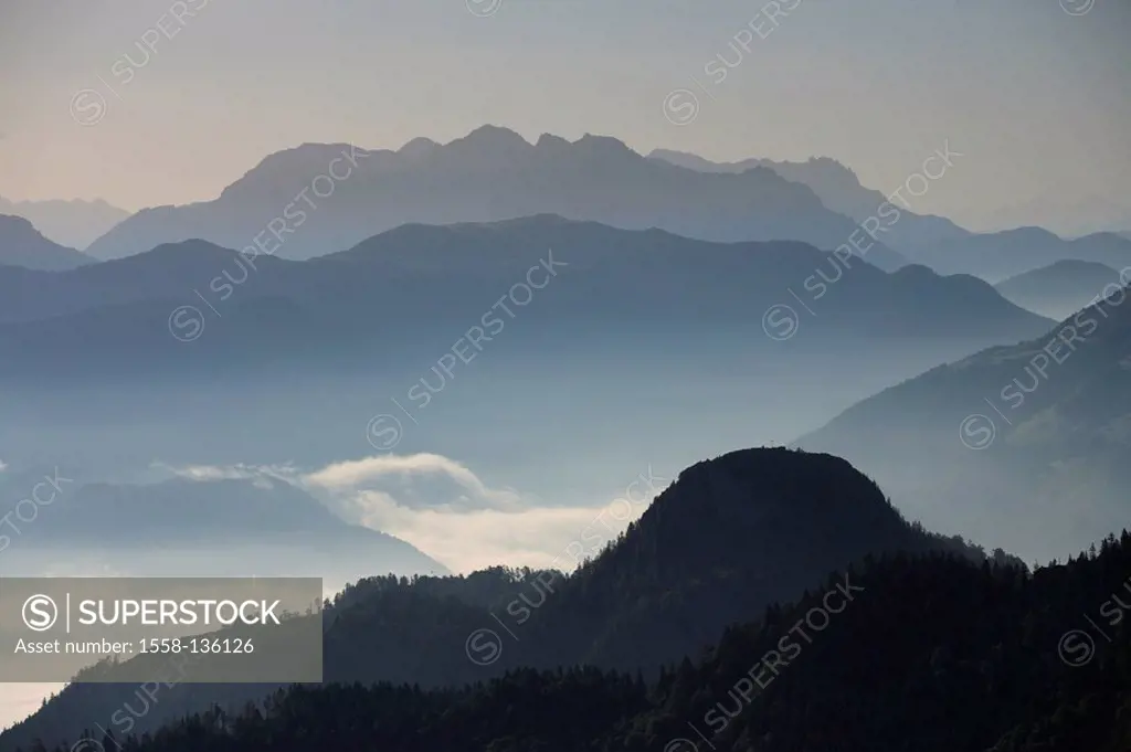 Germany, Upper Bavaria, Chiemgauer Alps, mountain-panorama, evening-mood, fog, Bavaria, Chiemgau, mountain scenery, mountains, Alps, mountain-chain, m...