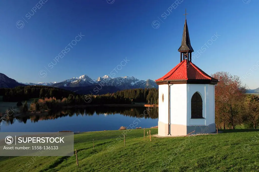 Germany, Bavaria, Allgaeu, Hegratsrieder lake, meadow, chapel, autumn, Königswinkel, mountain lake, shore, church little, church, destination, sight, ...