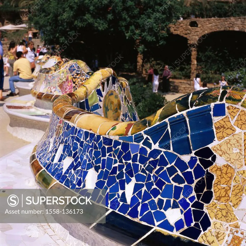 Spain, Katalonien, Barcelona, district Vallarca, Parc Güell, Gran Placa Circular bench mosaic no property release park, park, construction, historical...