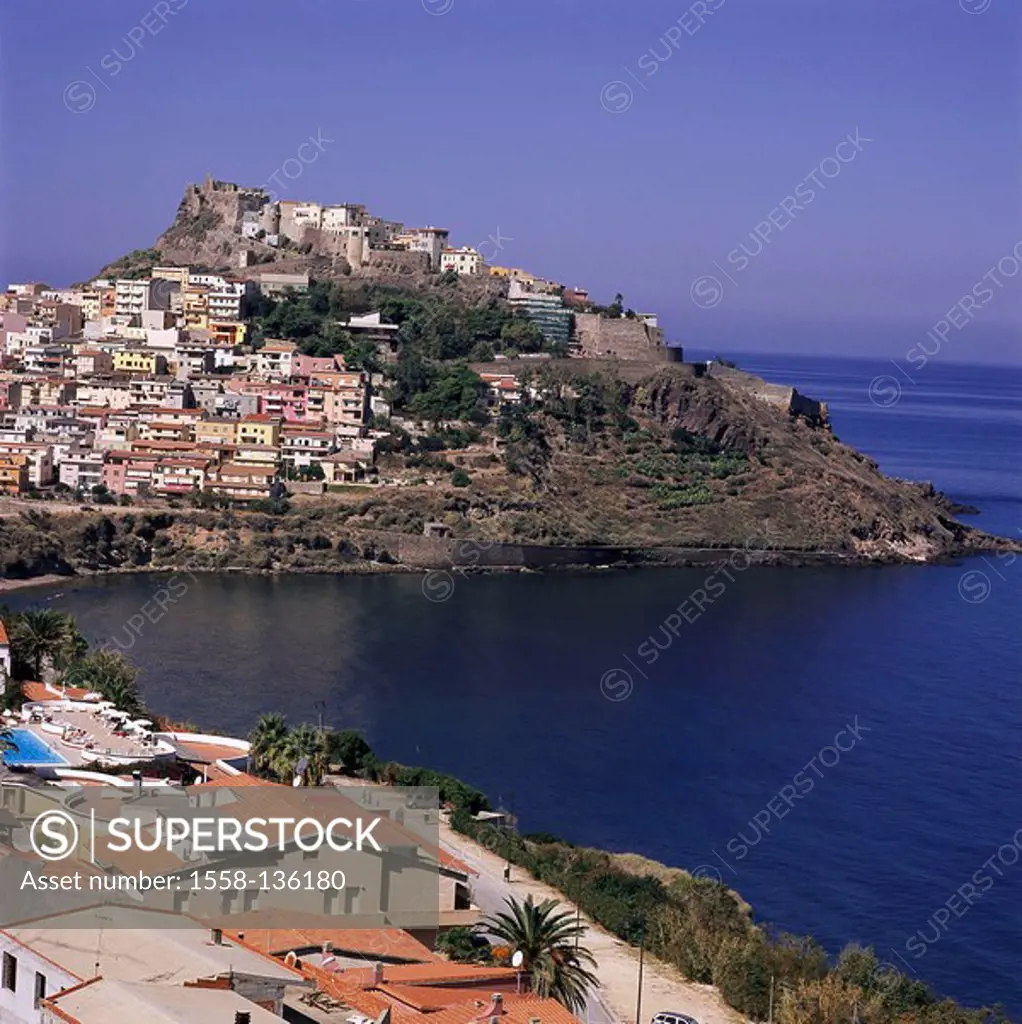 Italy, Sardinia, coast, Castelsardo, city-overview, Castello dei Doria, lake, island, Meeresküste, bay, mountain, city, fortress, castle, construction...
