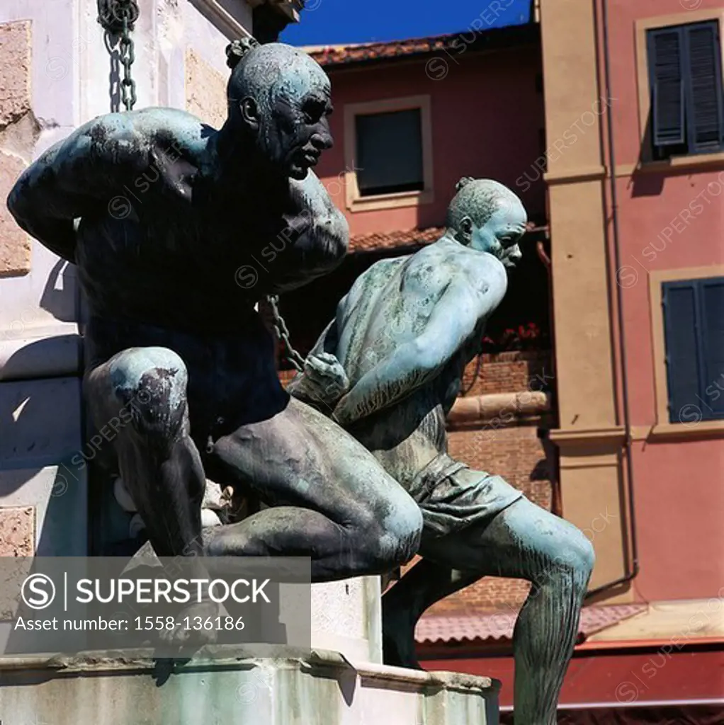 Italy, Tuscany, Livorno, piazza Micheli, statue Ferdinand I , detail, pedestals, Monumento ai quattro Mori, city, port, coast-city, jams, monument, mo...
