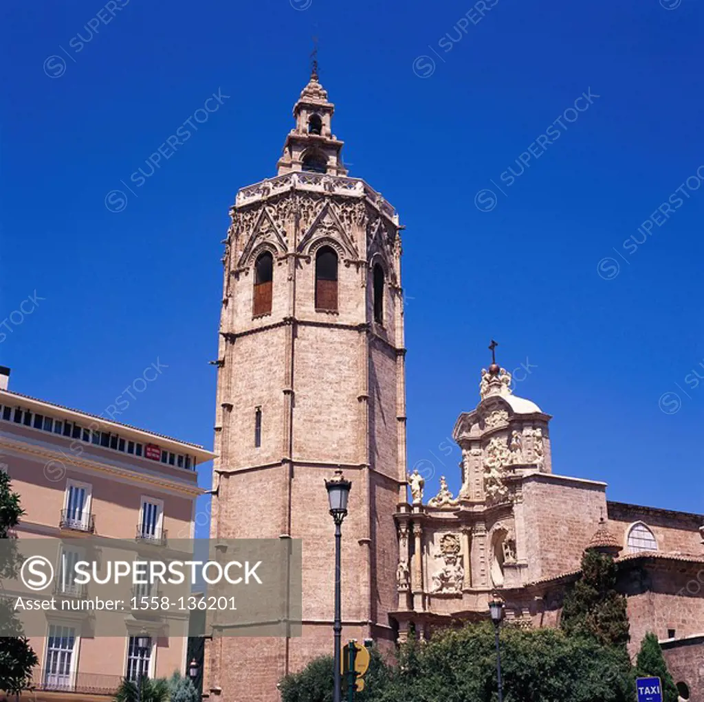 Spain, Valencia, Old Town, Plaza de la Reina, Catedral de Santa Maria, steeple, Torre Del Miguelete, Valencia-Stadt, downtown, city, house, residence,...