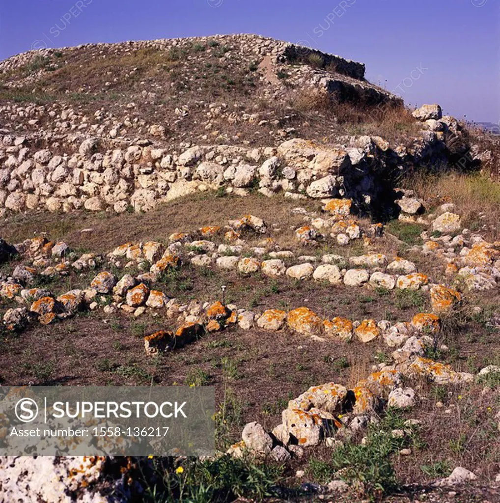 Italy, Sardinia, Monte d´Accoddi, excavation-place, historically, sanctuary, before-Christian, wall fragments, stone-ramp, island, mountain, hills, cu...
