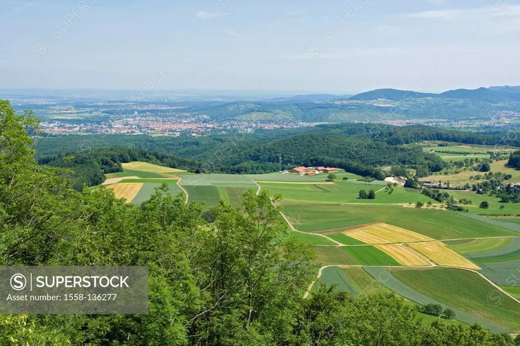 Germany, Baden-Württemberg, Achalm, gaze, Metzingen, summer, Swabian Alb, rise, look-out, hill-landscape, meadows, fields, locality perspective,