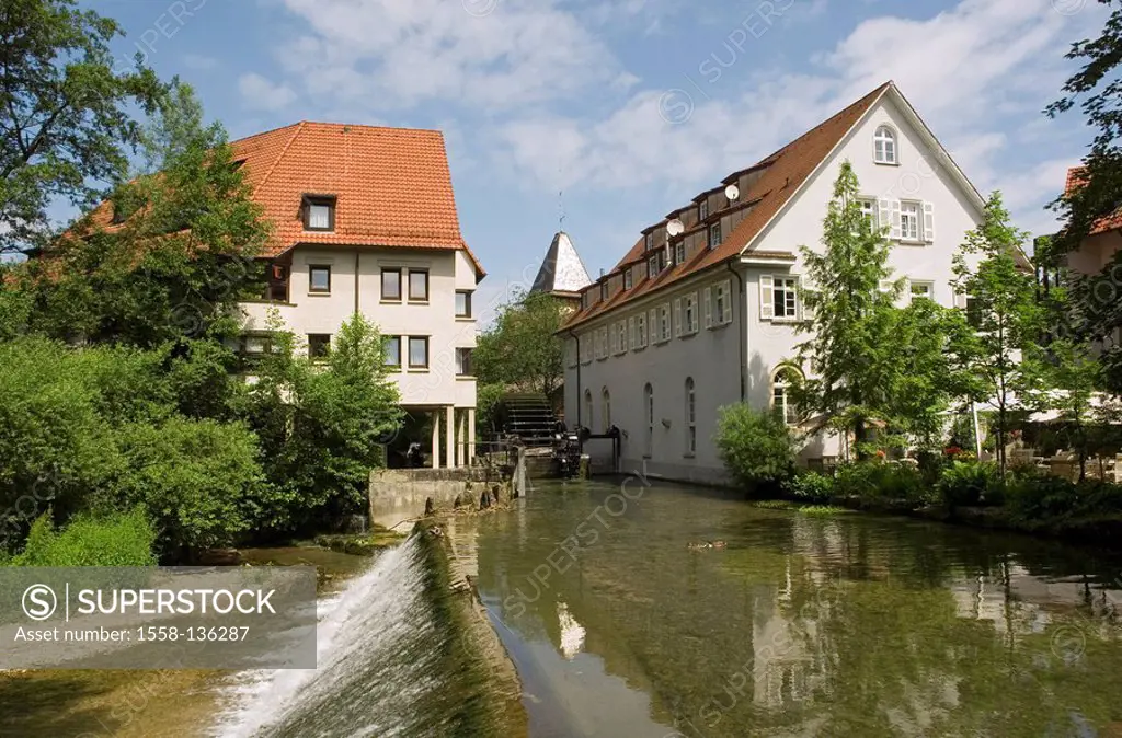 Germany, Baden-Württemberg, Reutlingen, houses, old mill, Echaz, summer, former tanner-quarter, residences, brook, river, millwheel, sight, destinatio...