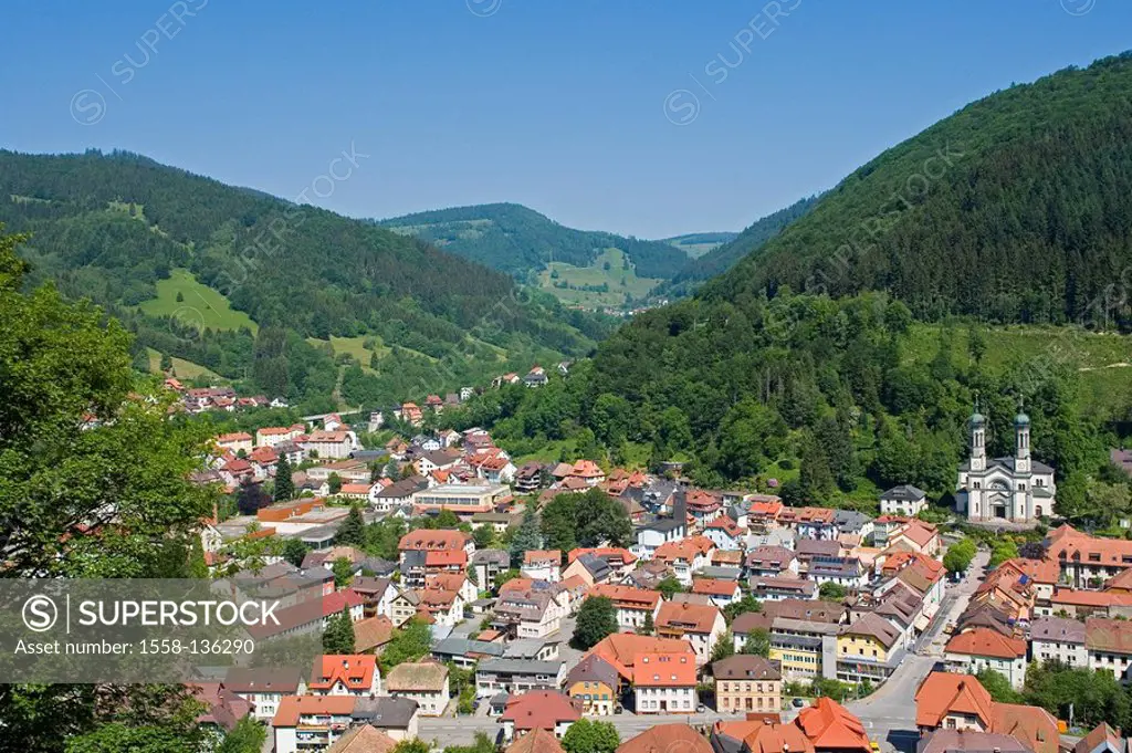 Germany, Baden-Württemberg, Todtnau, place-overview, Black forest, hare-horn, place, houses, residences, church, parish-church, hill-landscape, Schaui...