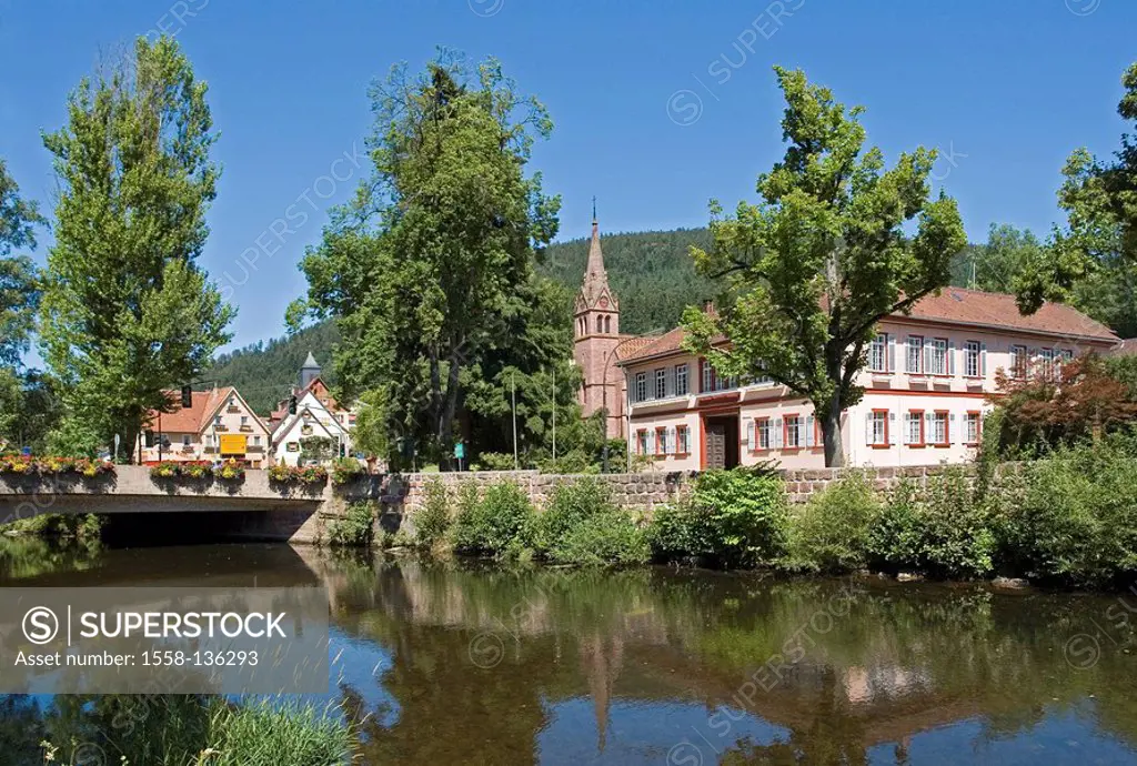 Germany, Baden-Württemberg, Hofs at the Enz, locality perspective, Black forest, houses, buildings, church, river, Enz, bridge, ox-bridge, town hall, ...