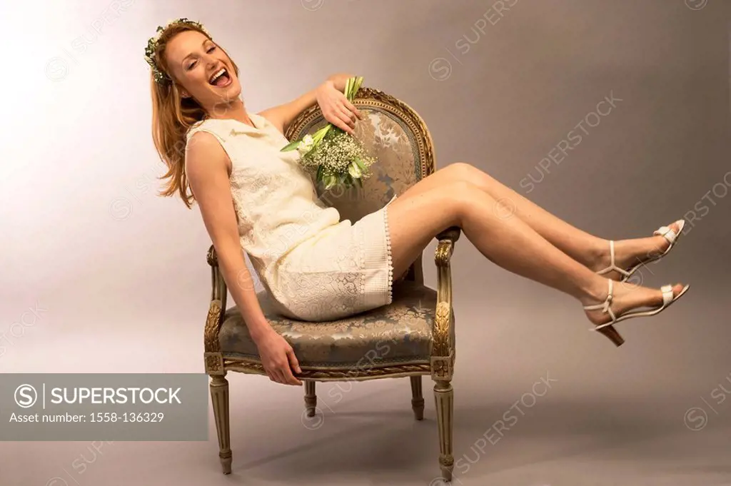 Woman, flower-bouquet, chair, sitting, cheerfully, laughs, 20-30 years, red-hairy, series, bride, wreath, flower-wreath, flowers, dress, mini-dress, k...