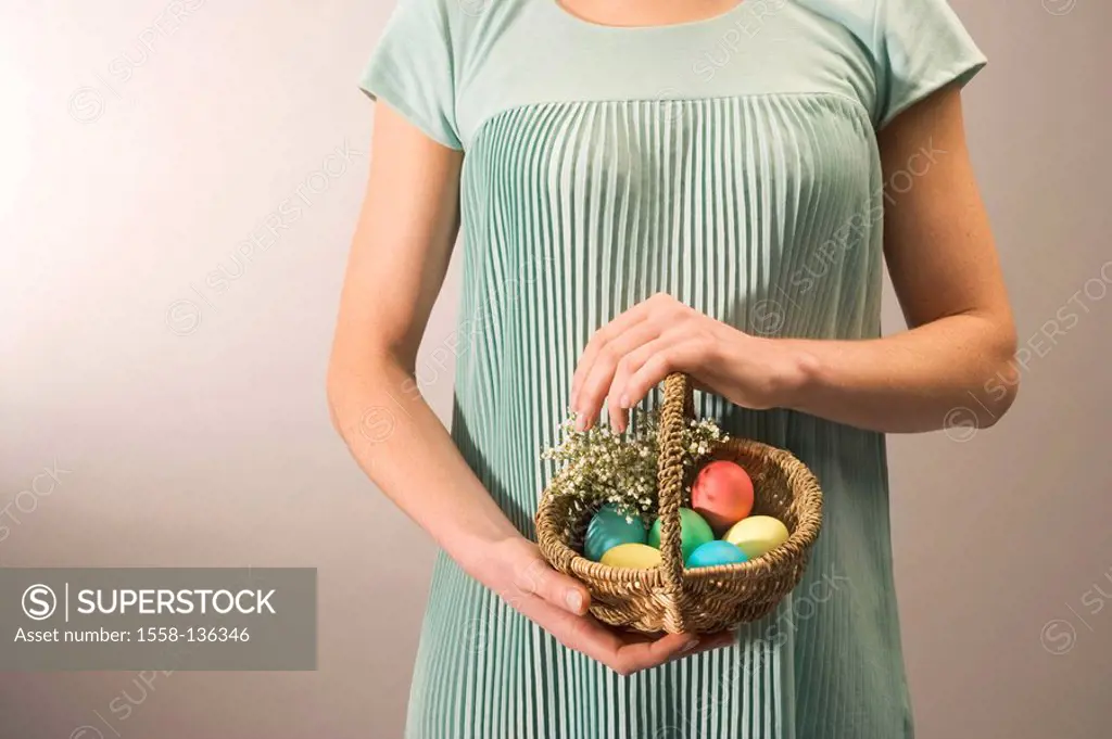 Woman, Osterkörbchen, holding, detail, studio, series, gets along Easter, party celebration spring traditions concepts, Eastertime, symbol, basket, Ea...