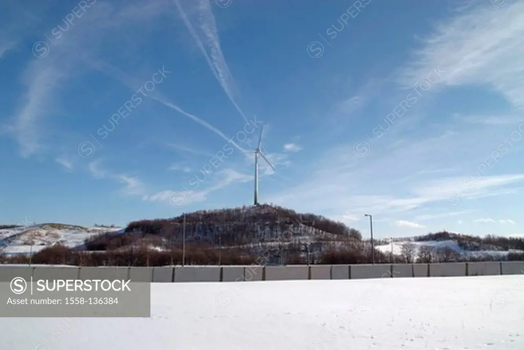 Germany, Bavaria, Munich, hills, wind-wheel, heaven, veil-clouds, wind-strength, alternative energies, energy-production, winter, snow, light-blue, bl...