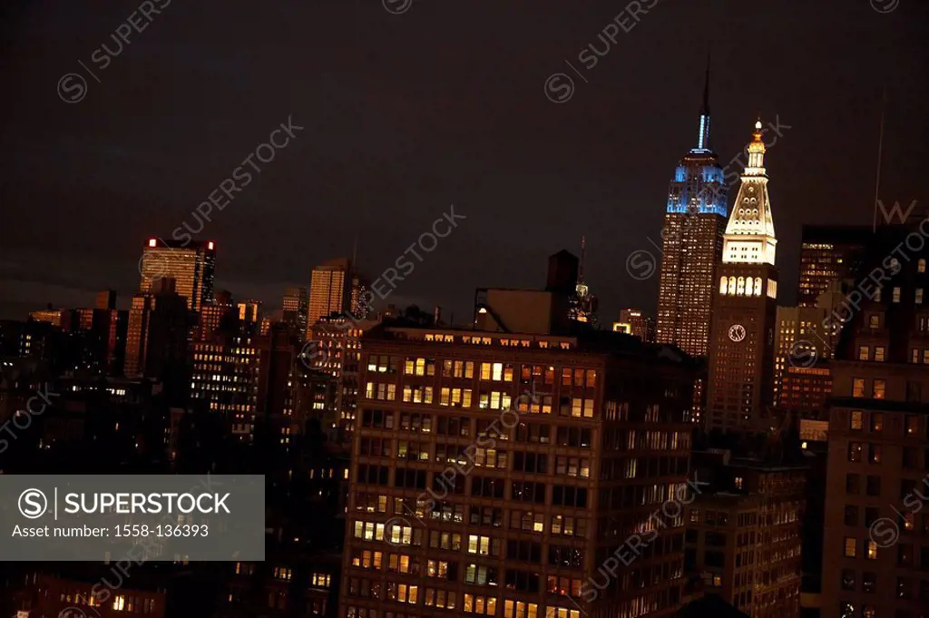 USA, New York city Manhattan high-rises detail illumination, night, North America, metropolis, city, metropolis, Midtown, city center, buildings, Empi...