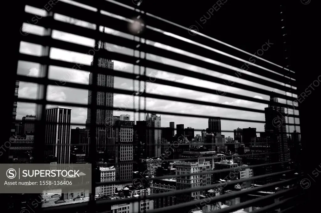 USA, New York city Midtown high-rise windows venetian blind, view, city, s/w, North America, metropolis, city, metropolis, city, city view, houses, bu...