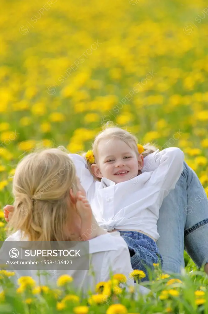 Mother, daughter, flower meadow, lie, cheerfully, broached, people, woman, child, girl, blond, eye contact, joy, happily, flowers, dandelion, love, af...