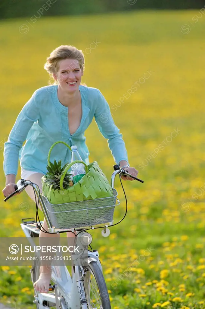flower meadow, woman, barefoot, bicycle, cheerfully, detail, spring, people, blond, bicycling, purchase-basket, purchases, food, laughs, fun, happily,...