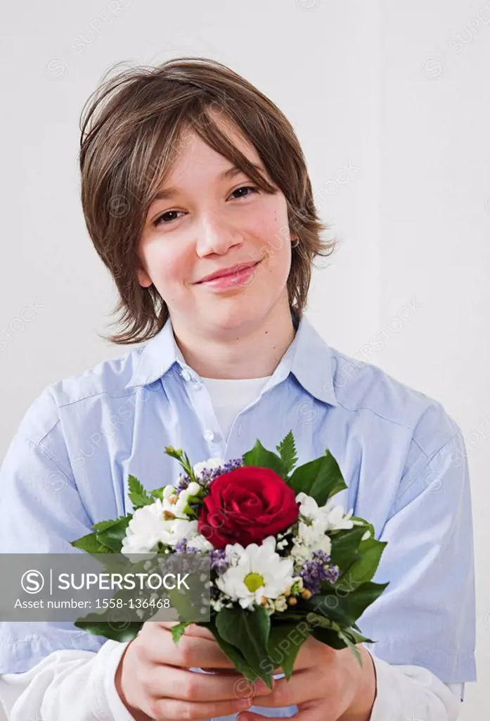 Teenager, boy, cheerfully, flower-bouquet, smiling, holding, portrait, people, teenagers, happily, cheerfully, giving, giving, thanks, surprise, flowe...