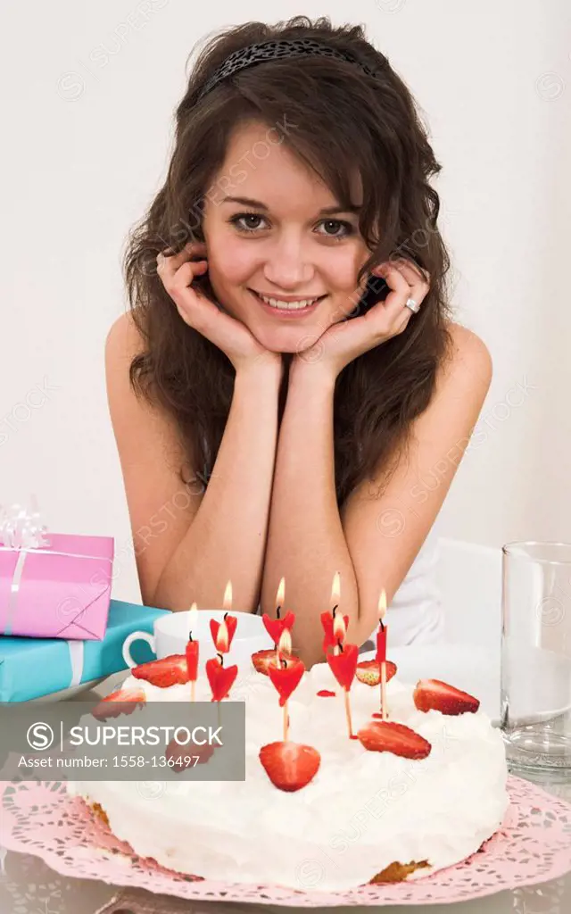 girl, cheerfully, smile, candles rest head, pie, gifts semi-portrait table people teenagers, teenager-girl, happily, cream-pie, strawberry-pie, birthd...