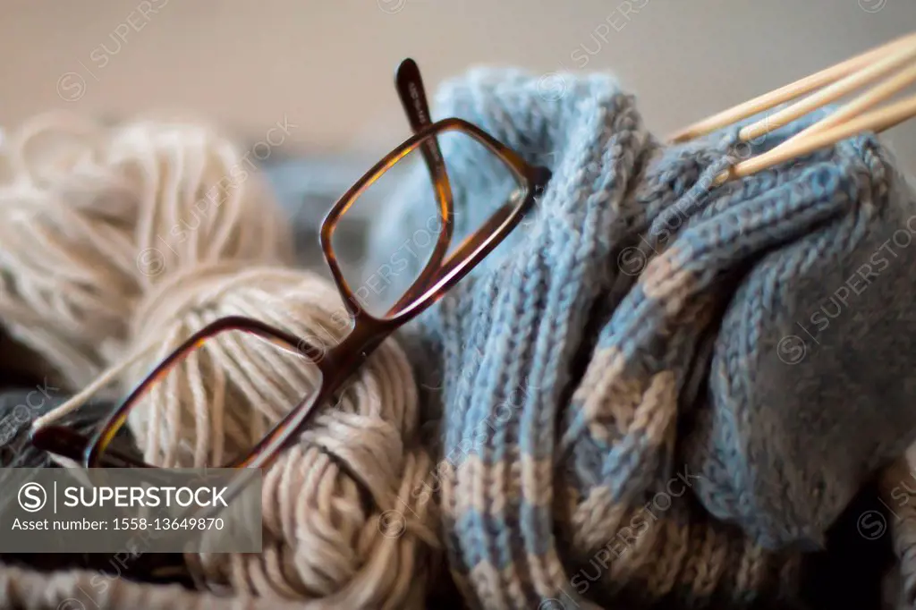 ball,basket,beige,blue,closeup,cotton,craft,creative,eyeglasses,fashion,fluffy,grandmother,granny,handmade,hobby,homemade,knit,knitting needles,light ...