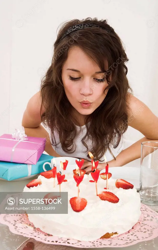 girl, pie, candles, blows out, gifts, semi-portrait, table, people, teenagers, teenager-girl, cream-pie, strawberry-pie, birthday-pie, cakes, decorate...