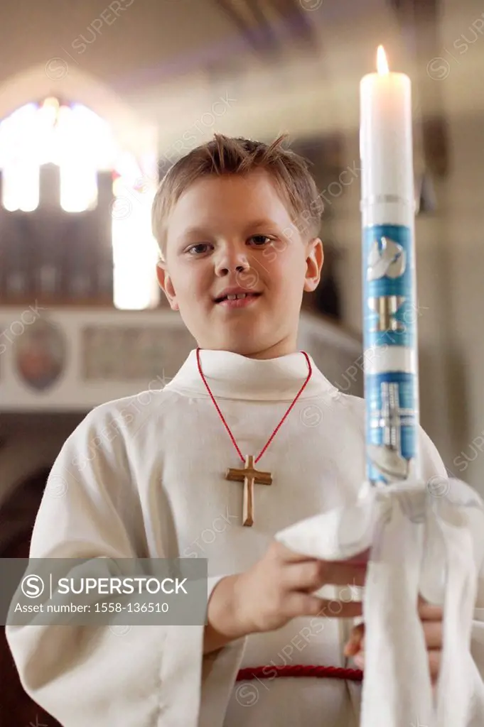 Church, first-communion, boy, garment, candle, holding, detail, people, child, blond, frock, chain, wood-cross, prayer, belief, religion, communion-ca...