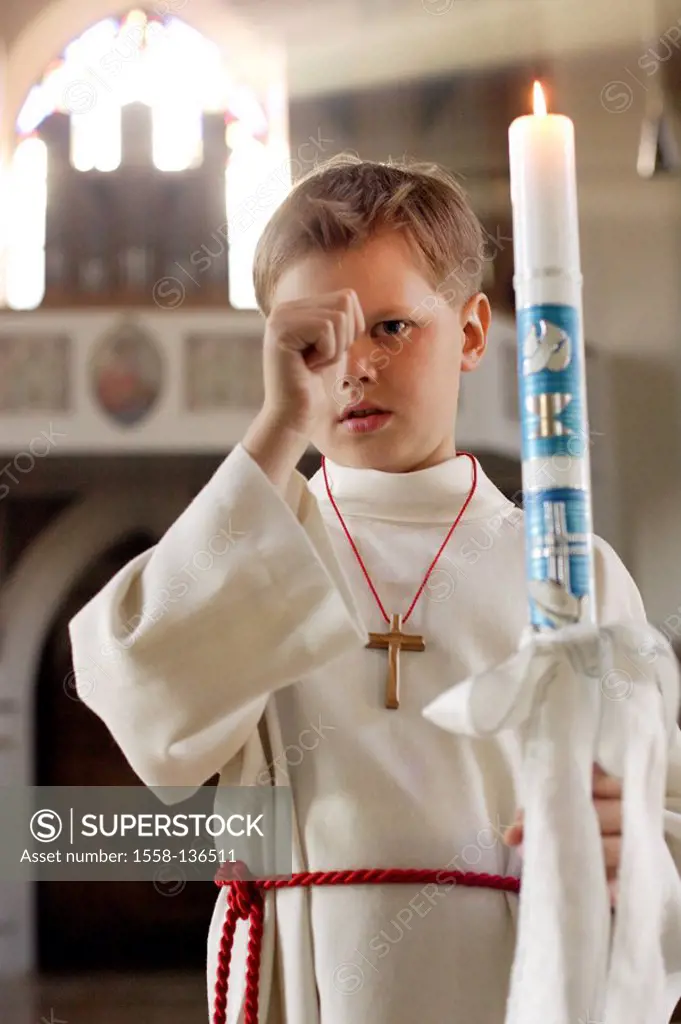 Church, first-communion, boy, garment, candle, holding, cross-signs, detail, people, child, blond, frock, chain, wood-cross, prayer, belief, religion,...