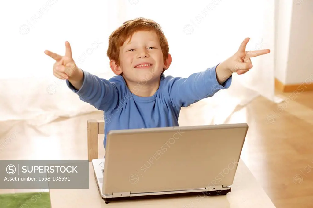 boy, Notebook, smiling, gesture, V-Zeichen, detail, series, people, child, red-hairy, cheerfully, joy, contentment, computers, wireless, interest, int...