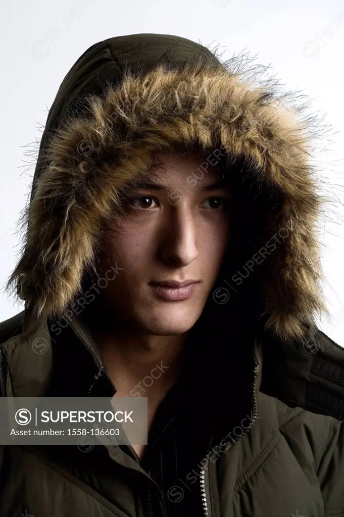 Man, seriously, anorak, hood, portrait, series, people, young, seriously, winter-jacket, parka, thoughtfully, sorrowfully, thinking, cold, protection,...
