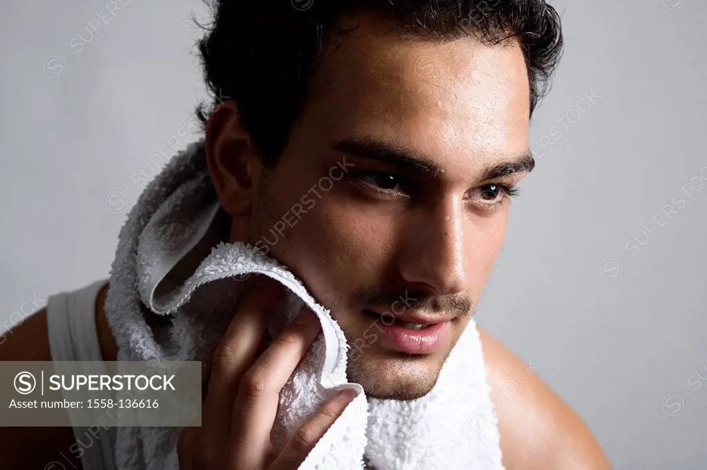 Man, young, neck, towel, gesture, portrait, series, broached people, dark-haired, three-day beard, undershirt, morning-toilet, cleaning, dries off, bo...