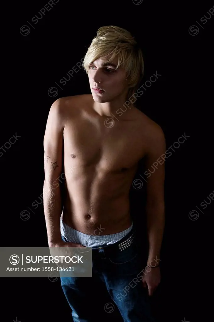Man, young, blond, jeans, upper body free, cool, detail, series, people, young, upper arm, tattoo, nonchalant, casual, self-confidence, sensually, sed...