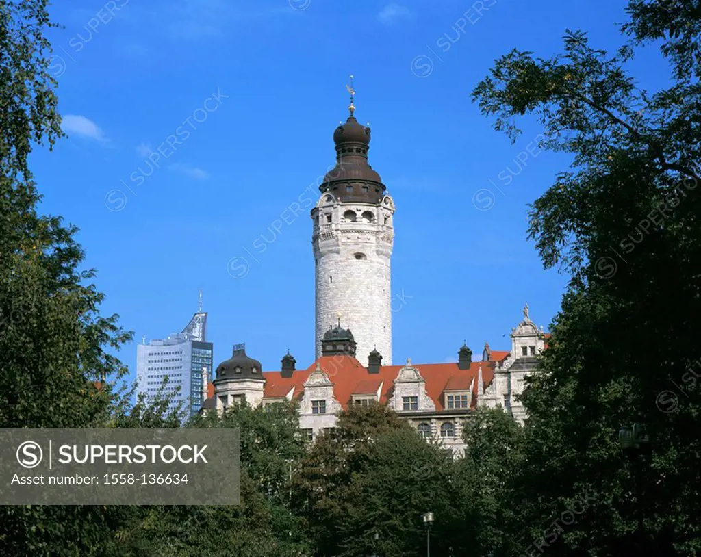 Germany, Saxony, Leipzig, park, new town hall, city-high-rise, detail, steed-place, town hall-buildings, tower, construction, architecture, sight, tou...