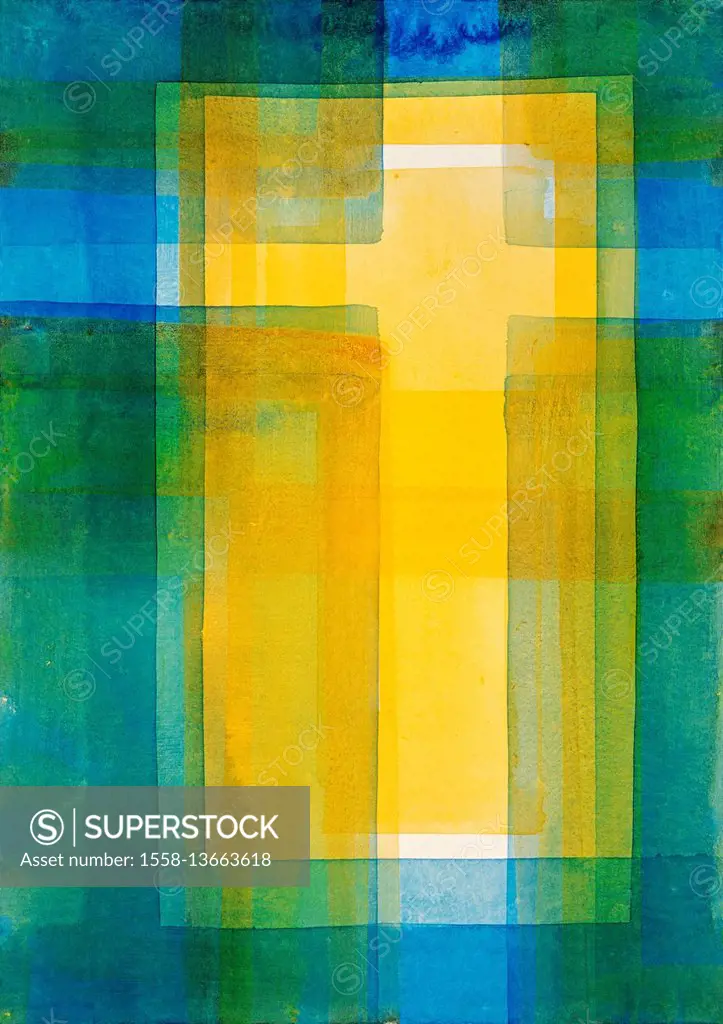 Paintings by Regine Martin, Yellow cross on blue green background