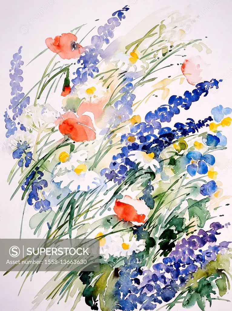 Watercolor by Waltraud Zizelmann, wild flowers, flower meadow,