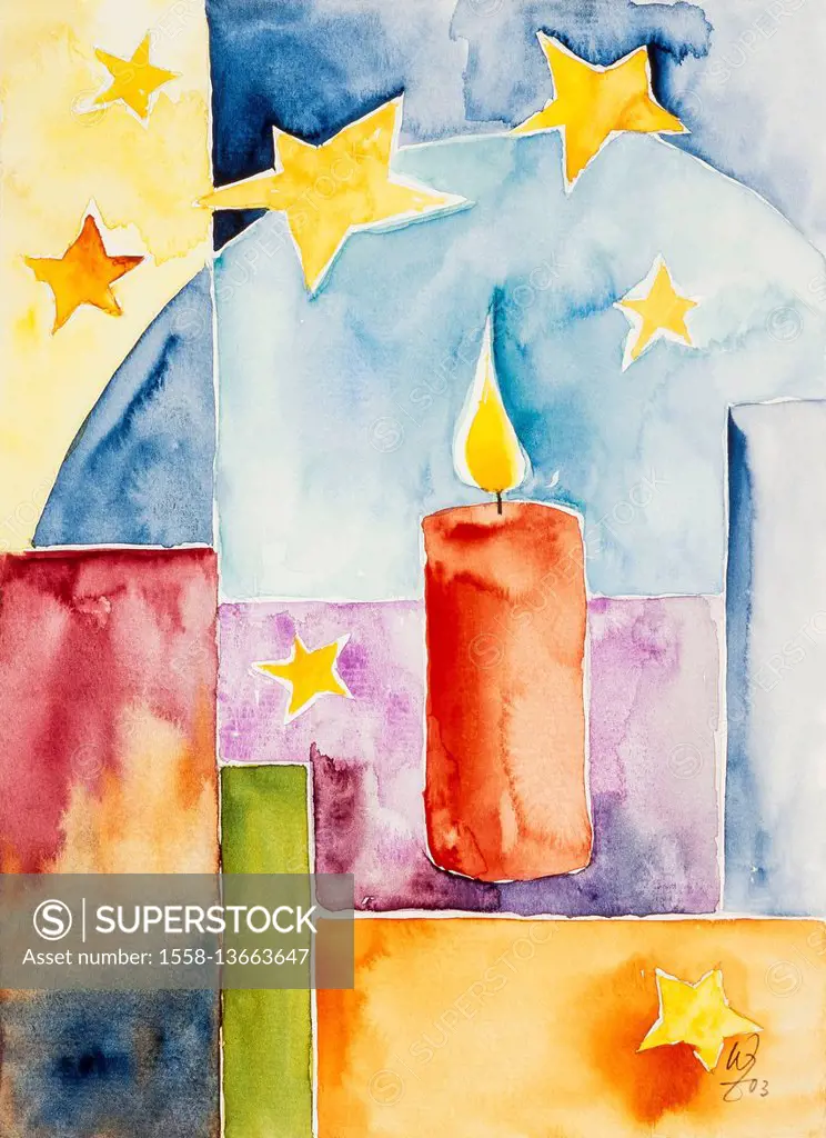 Watercolor by Waltraud Zizelmann, A candle and seven stars,