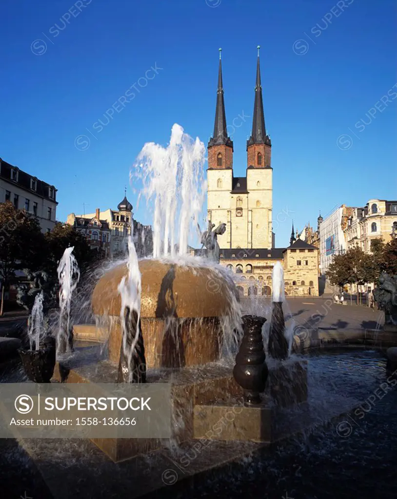 Germany, Saxony-Anhalt, hall at the Saale, market place, market-church St  Marien, fountains, place, well system, wells, Göbelbrunnen, market-church, ...