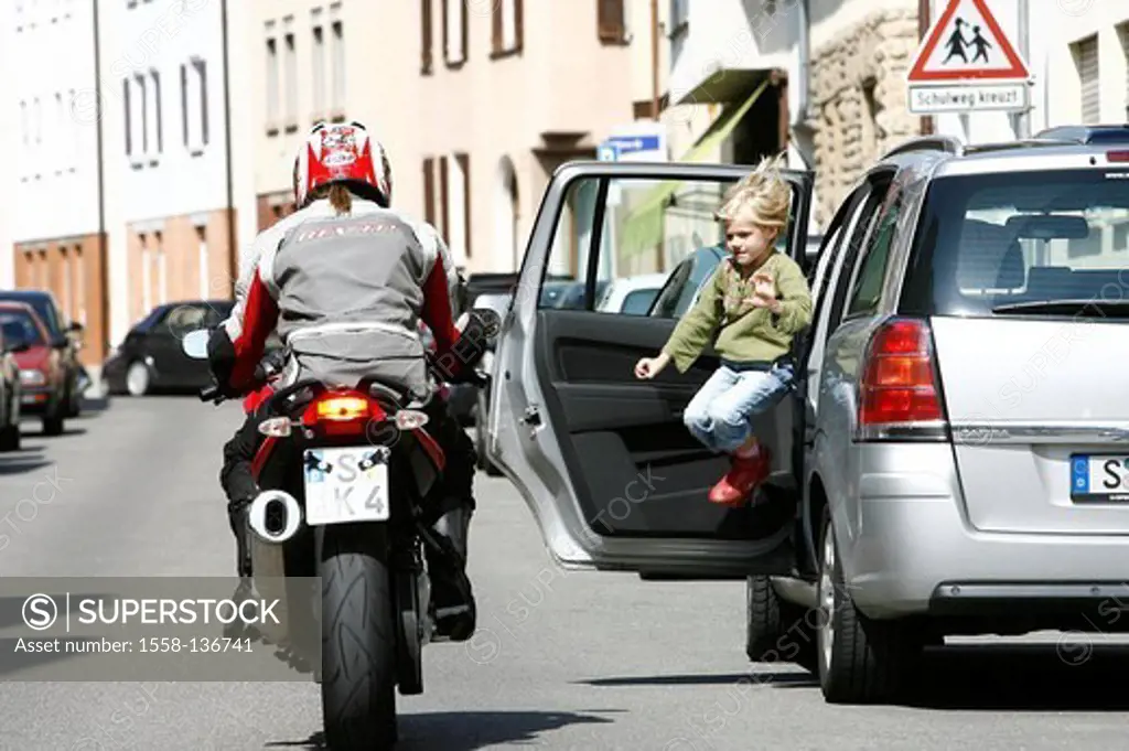 City-traffic, car, child, parks gets out, motorcyclists, drives past, back view, symbol, danger-situation, city, traffic, cars, vehicles, private car,...