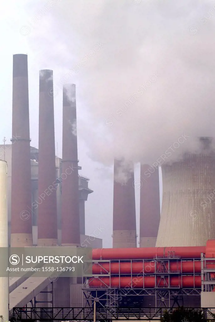 Lignite-power plant, detail, chimneys, smoke, coal-fired power station, power plant, coolness-towers, chimneys, chimneys, steam, smoke, Heizkraftwerk,...