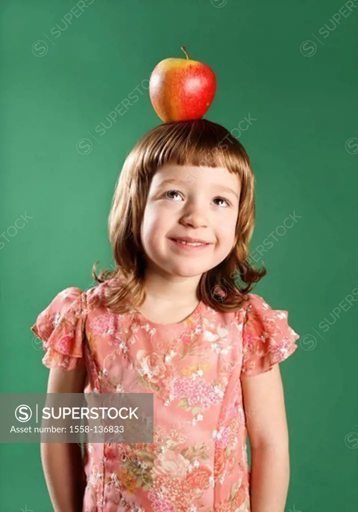 Child, girl, cheerfully, 5-7 years balance head, apple, semi-portrait, girls dark-blond dress, happily, cheerfully, freely, confidently, fruit, balanc...